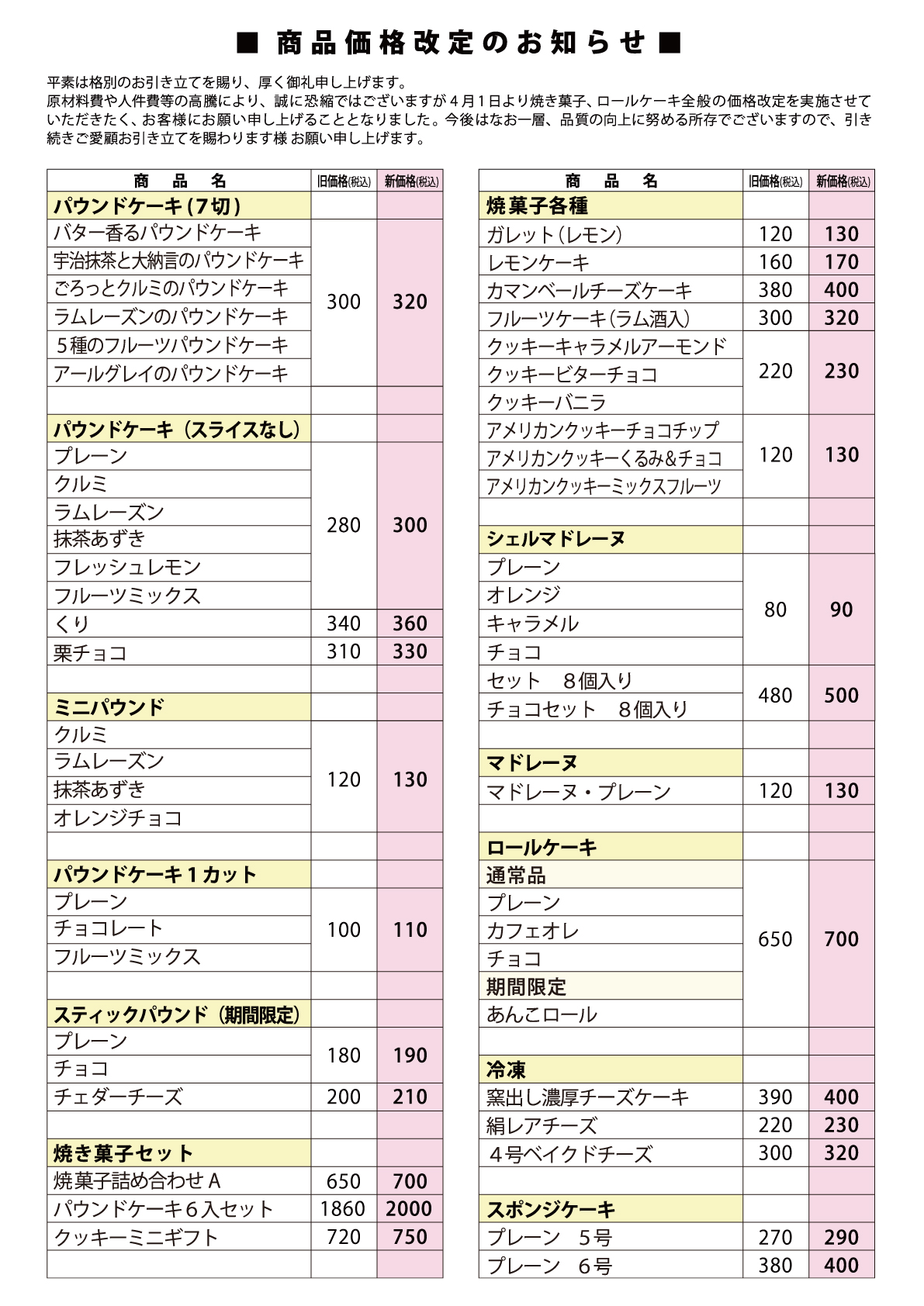 価格改定のお知らせ